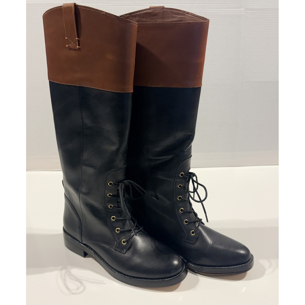 J CREW - Women's Riding Boots - Black Brown Leather Lace Up BD425 - Size 10